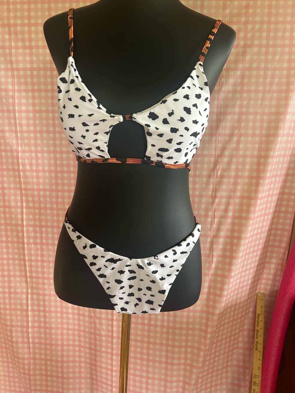 Zaful White Black Spot Cutout Bikini with Orange Trim
